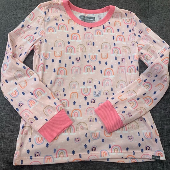 Girls Eddie Bauer Pink Pajama Set Size M 10/12 Like New Rainbows Arrows - Picture 5 of 14